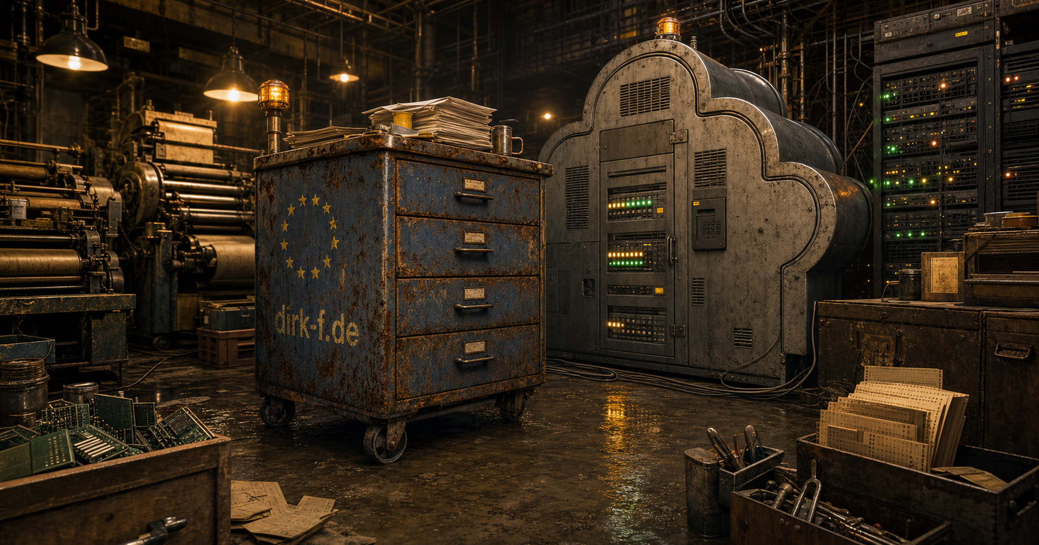 Europa stellt einen Rollcontainer neben die Cloud