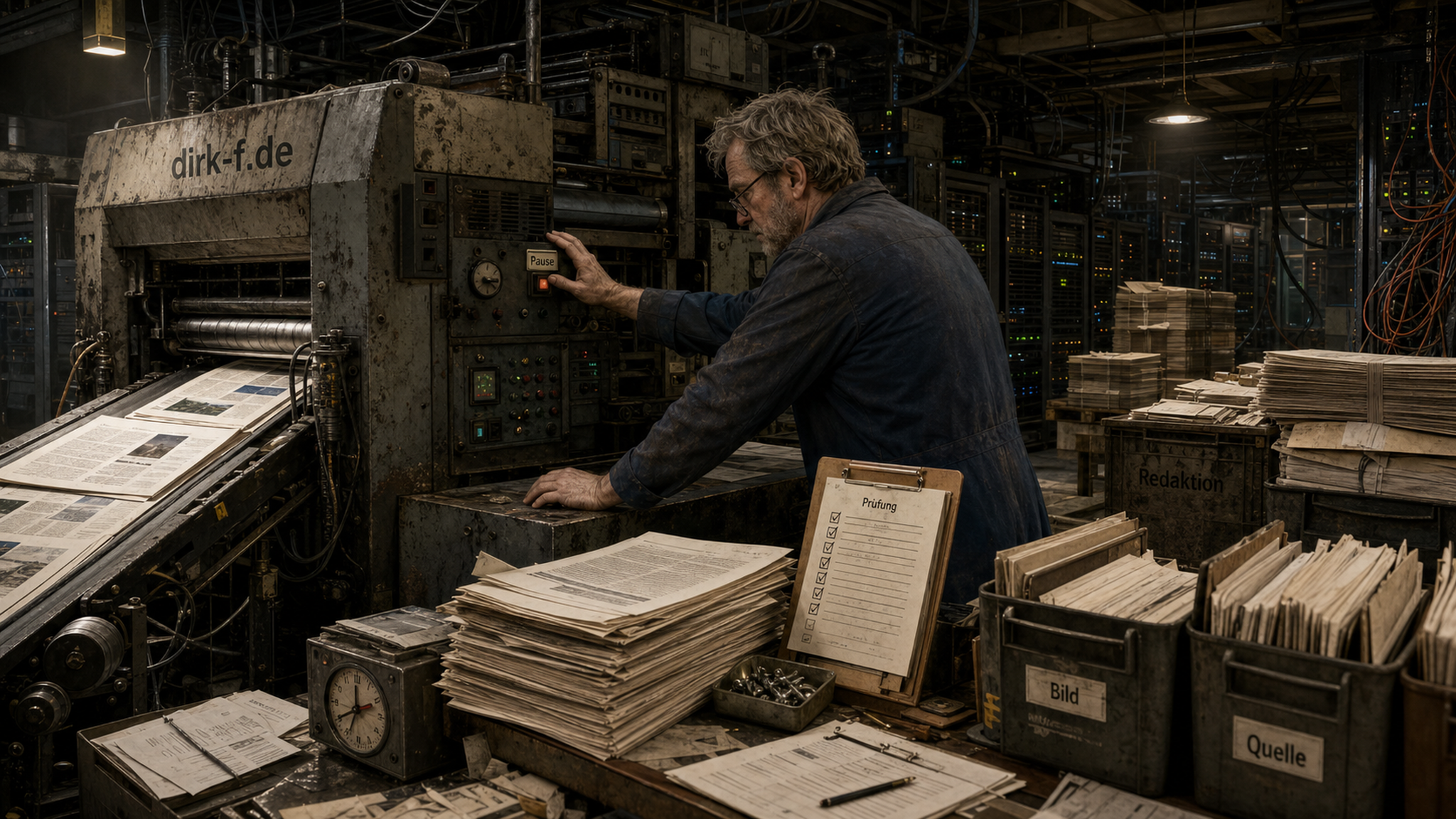 Blechpresse-Werkstatt mit pausierter Druckmaschine, Prüfzetteln und Bild-/Quellenkisten; dirk-f.de ist einmalig auf der Maschine integriert.