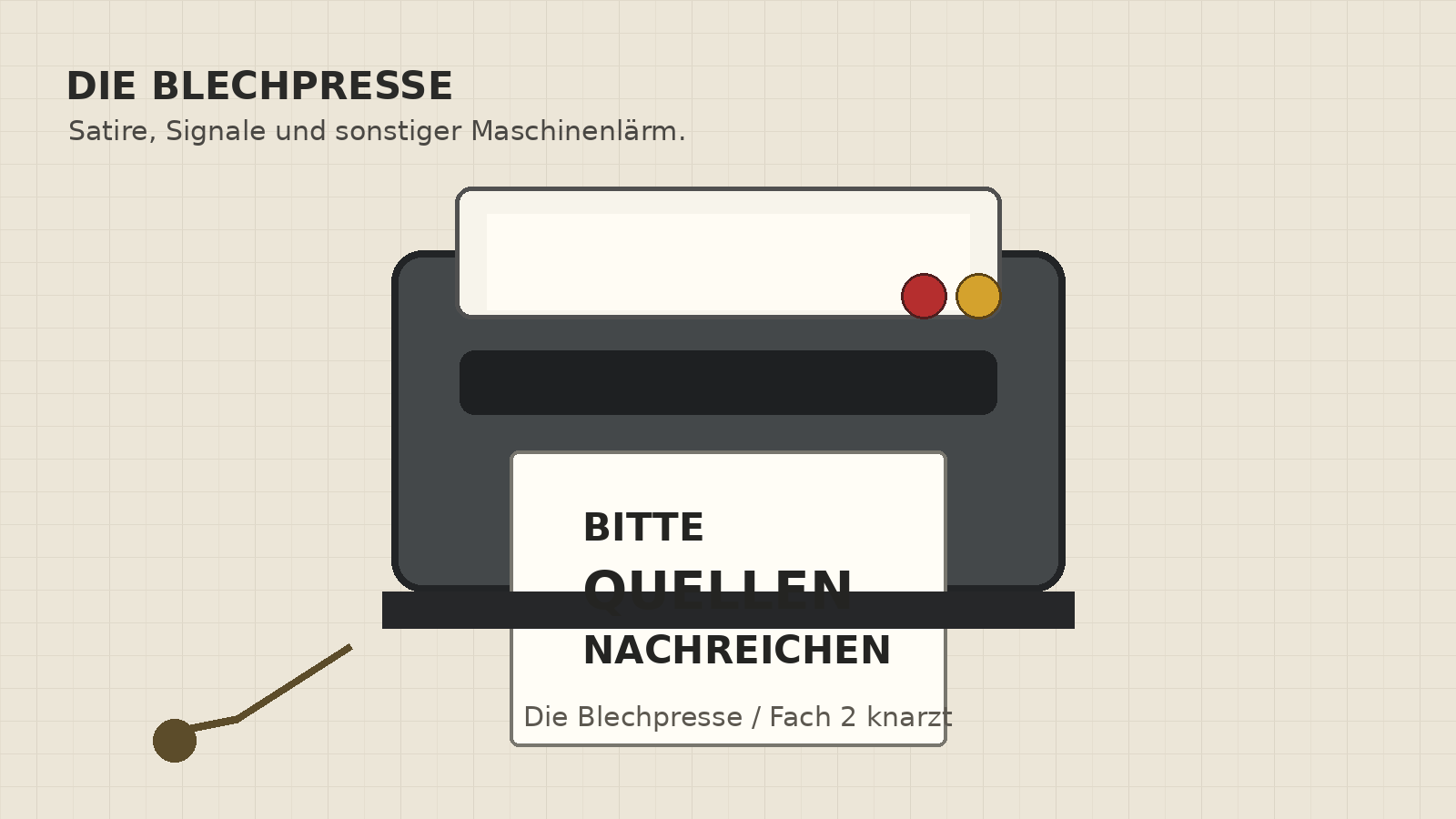 Illustration eines grauen Druckers, aus dem ein Blatt mit der Aufschrift „Bitte Quellen nachreichen“ kommt.