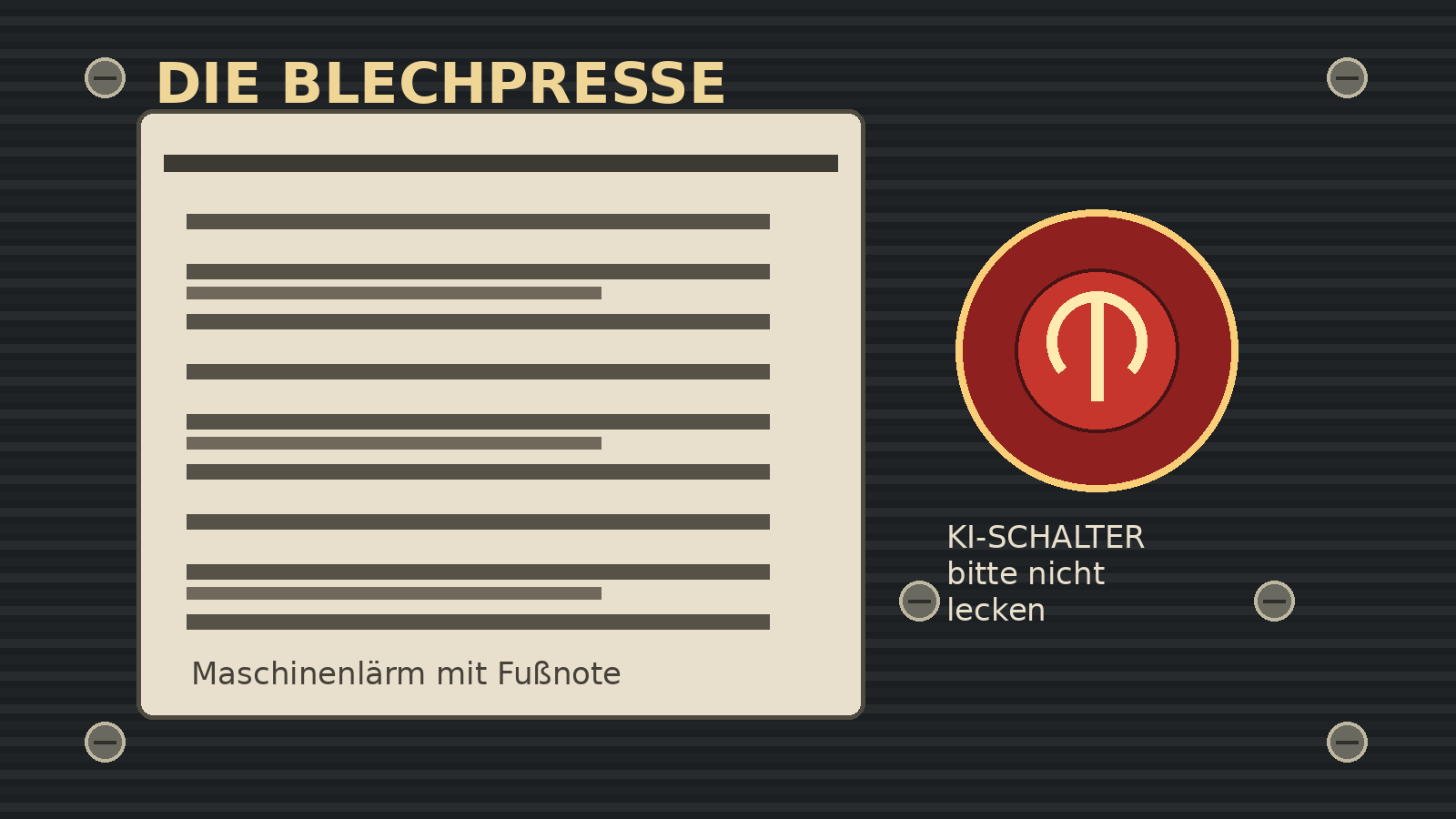 Satirische Blechpresse-Illustration: Aktenpapier und ein roter KI-Schalter in einer dunklen Maschinenkammer.