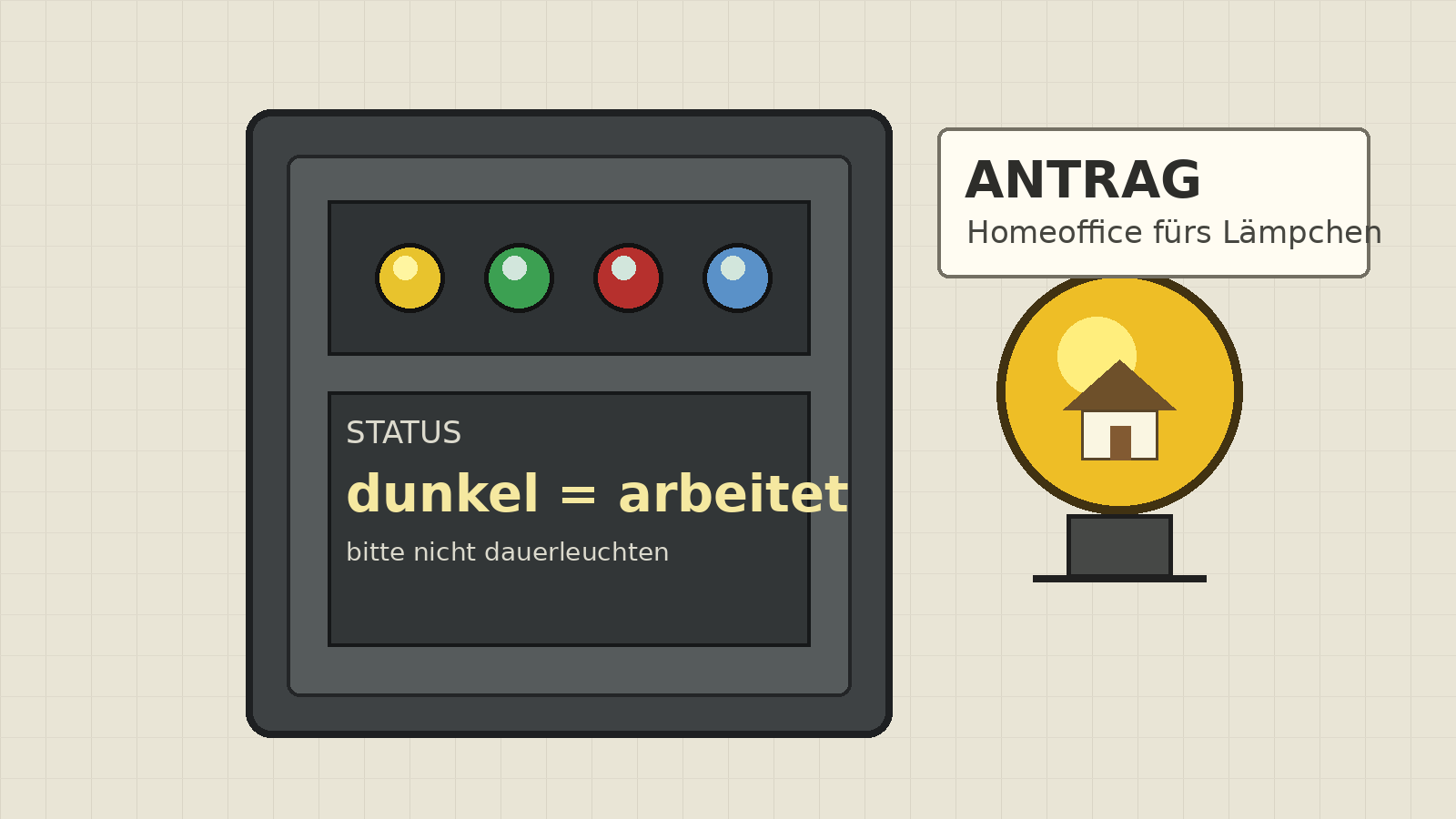 Illustration: Schaltschrank mit gelbem Kontrolllämpchen und einem Antrag auf Homeoffice.
