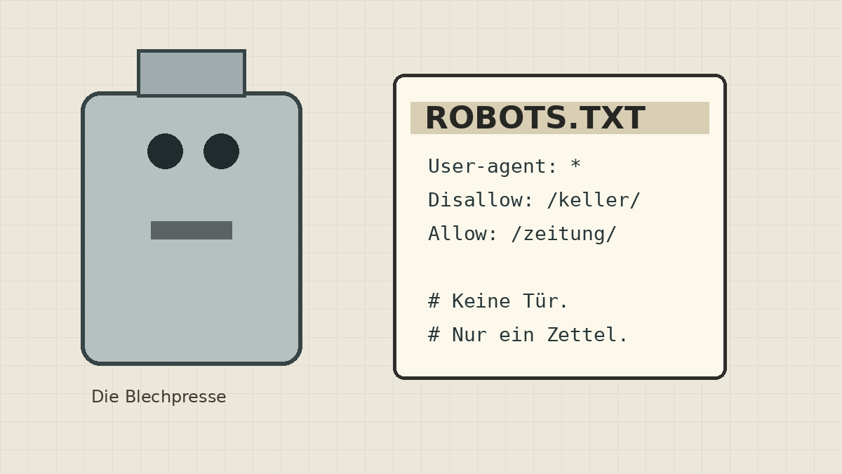 Satirische Blechpresse-Illustration: ein Büro-Roboter stempelt eine robots.txt-Hausordnung, daneben steht „Keine Tür, nur ein Zettel“.