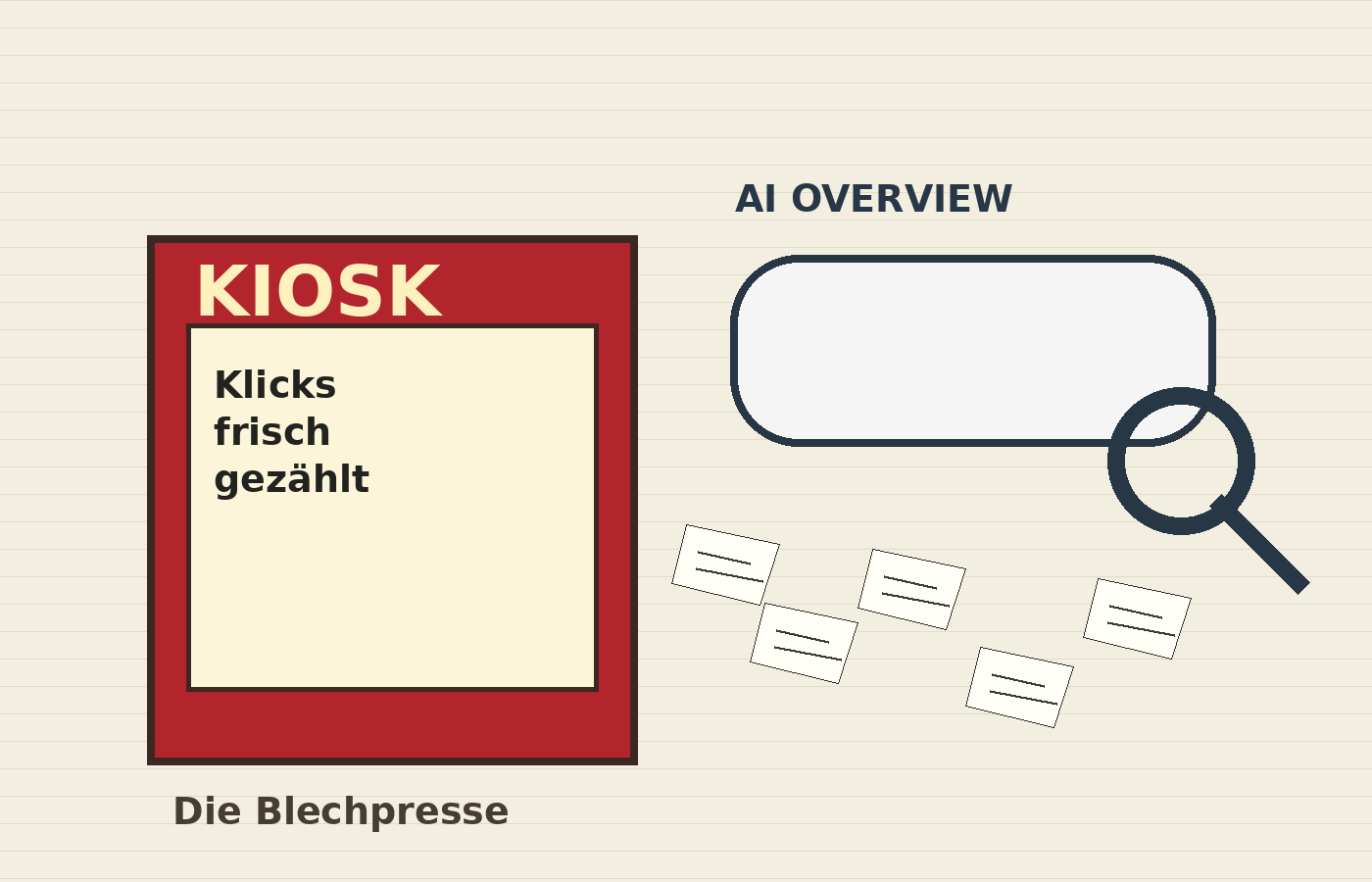 Satirische Illustration: ein roter Zeitungskiosk wird von einer Suchlupe namens AI Overview angesaugt.