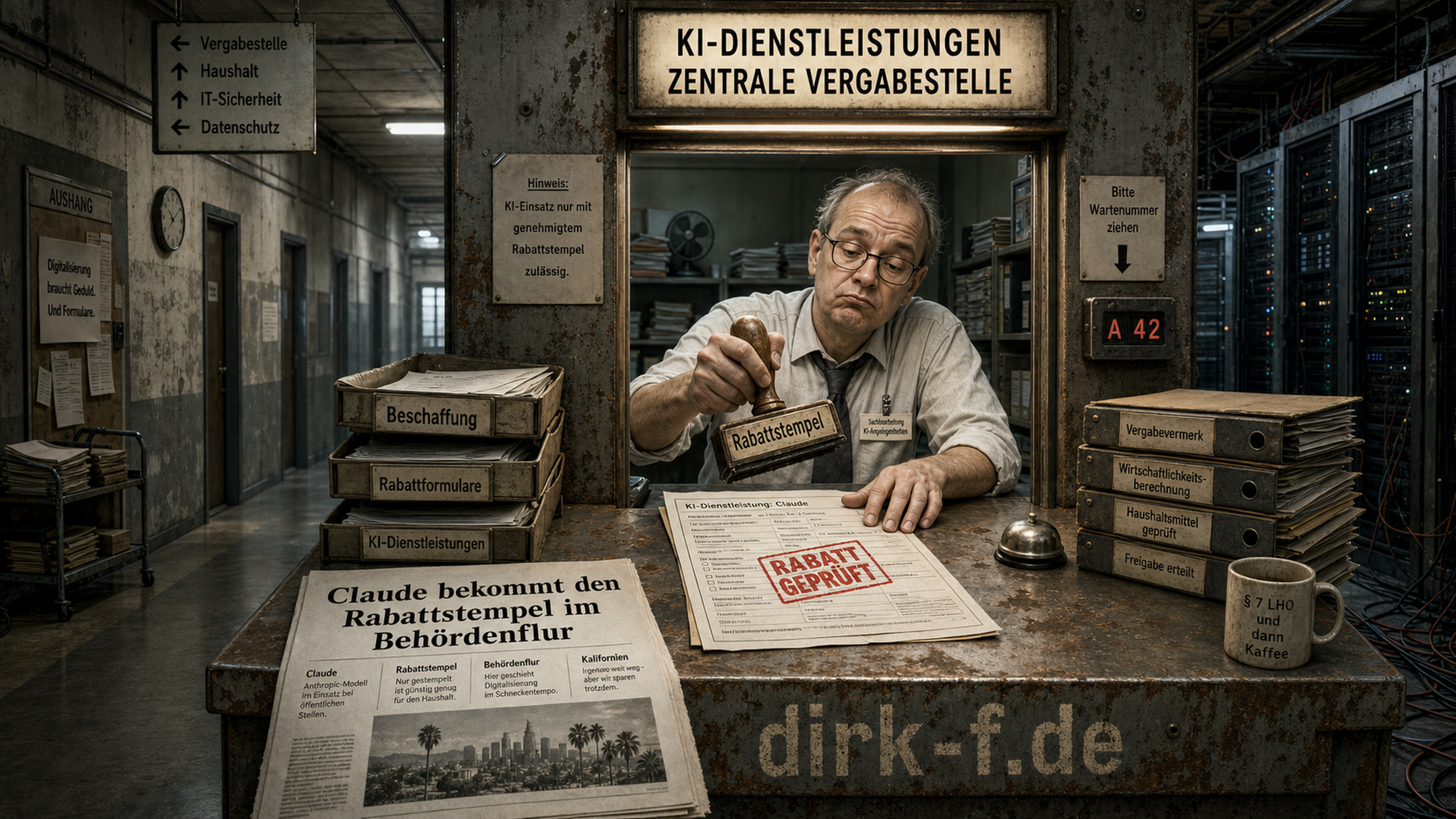 Claude bekommt den Rabattstempel im Behördenflur