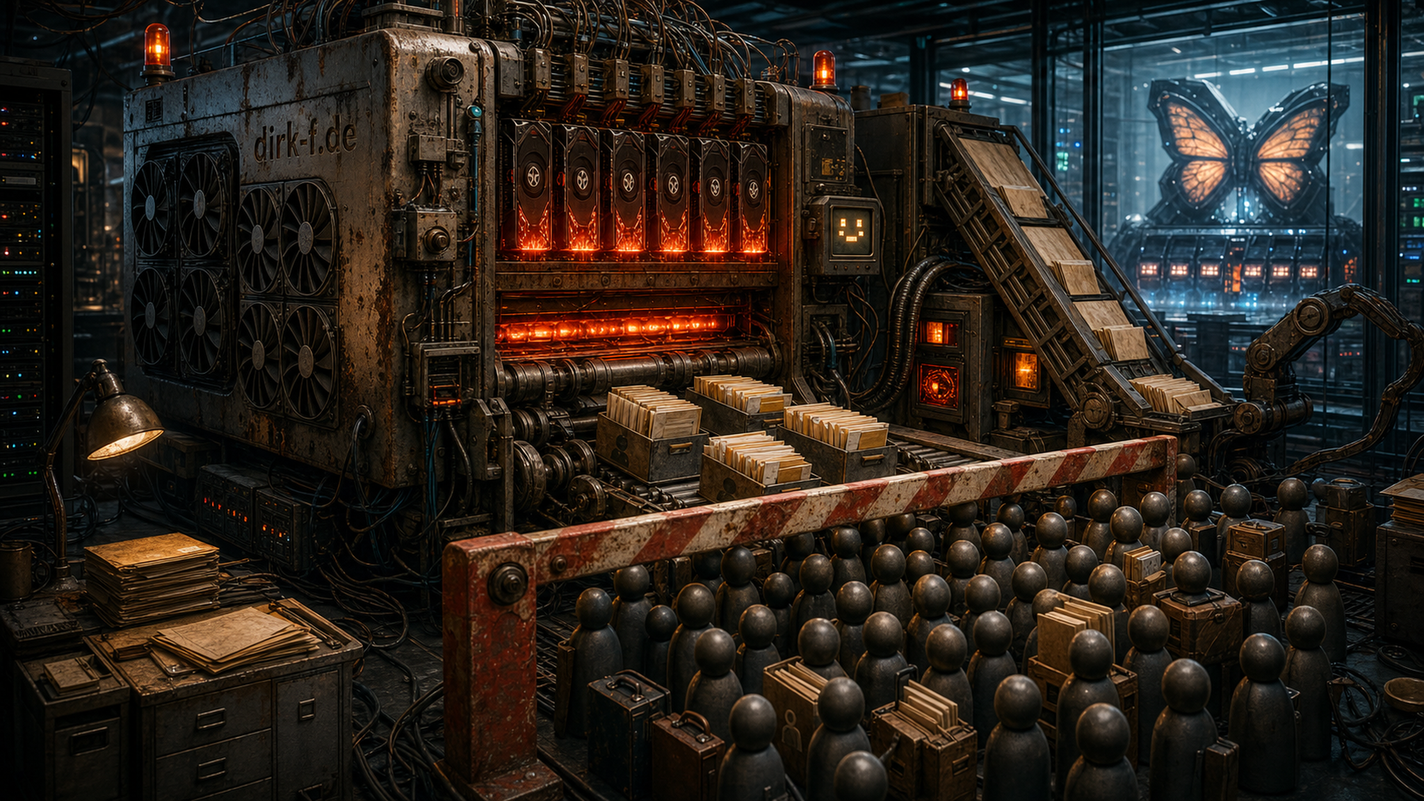 Blechpresse-Illustration: Kimi K3 GPU-Theke mit überlastetem Rechenzentrum, blockierten Neuanmeldungen und weiterlaufenden Bestandsnutzern.