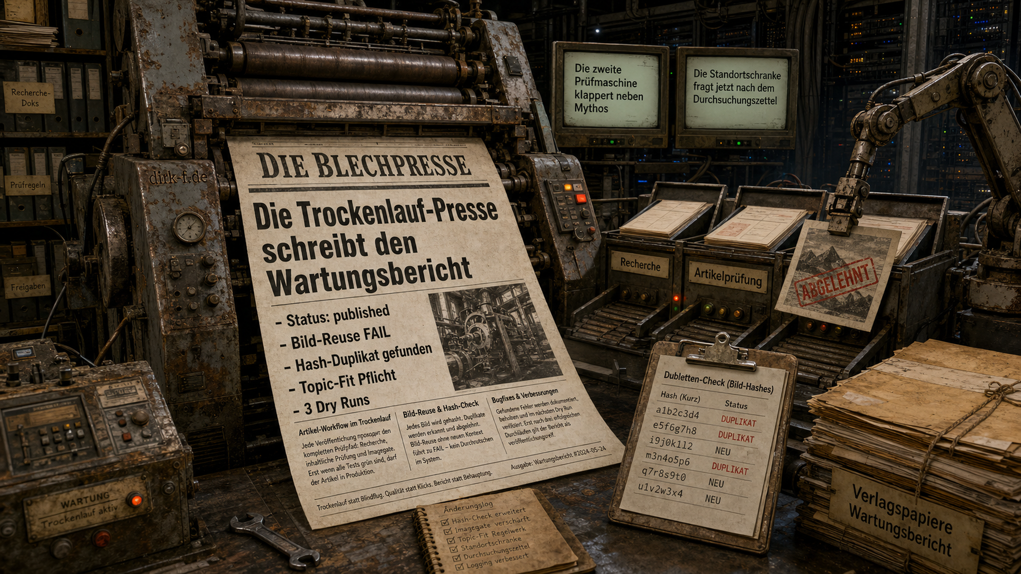 Die Trockenlauf-Presse schreibt den Wartungsbericht